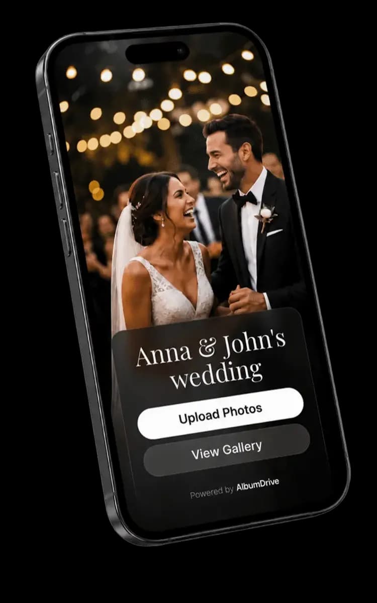 AlbumDrive app interface — QR code photo sharing for weddings and events